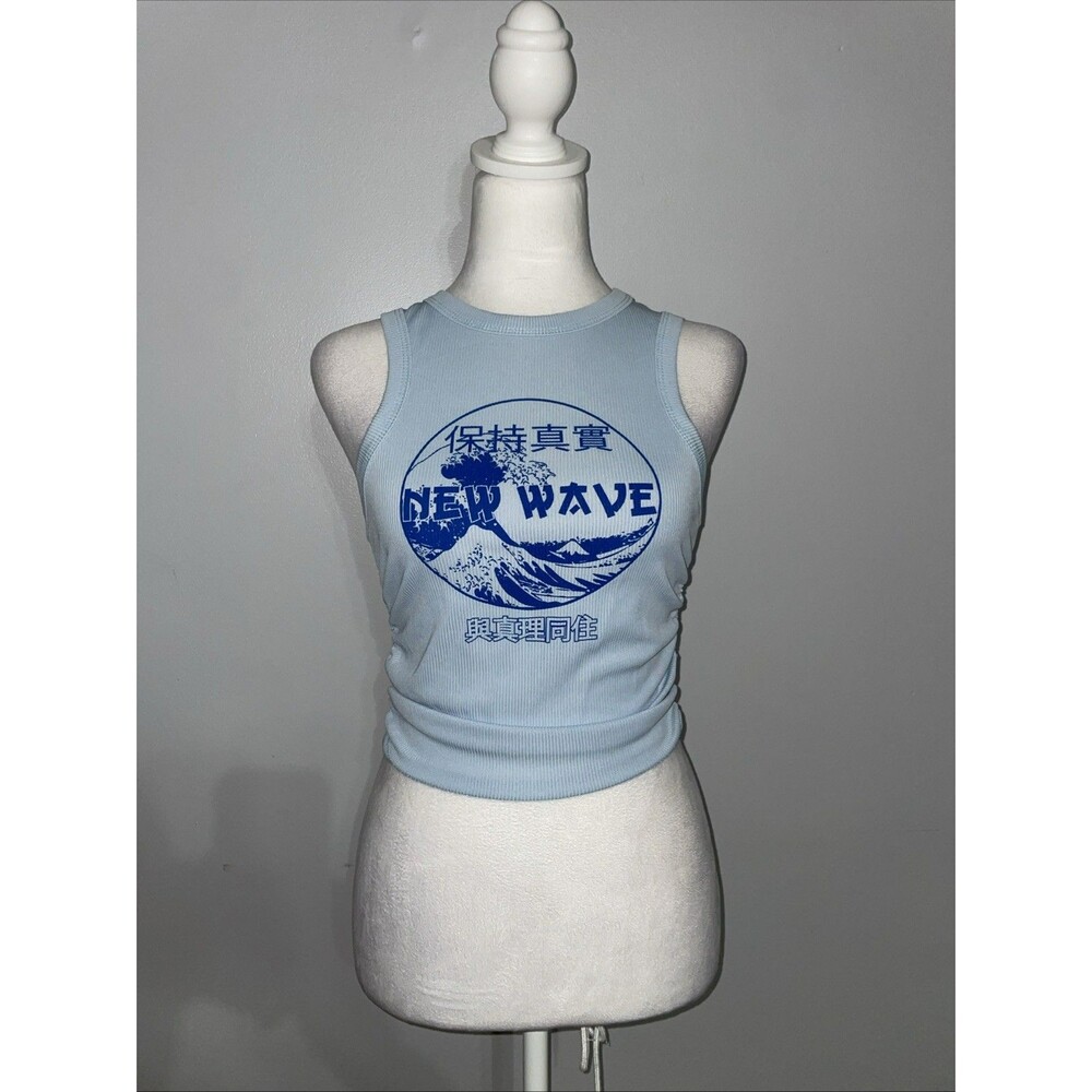 PrettyLittleThing Womens 6 Blue New Wave Graphic Ruched Tank Top Crop NWT Y2K